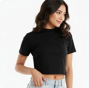 New Women's Short Sleeve Mock Crop Top T-Shirt- XS